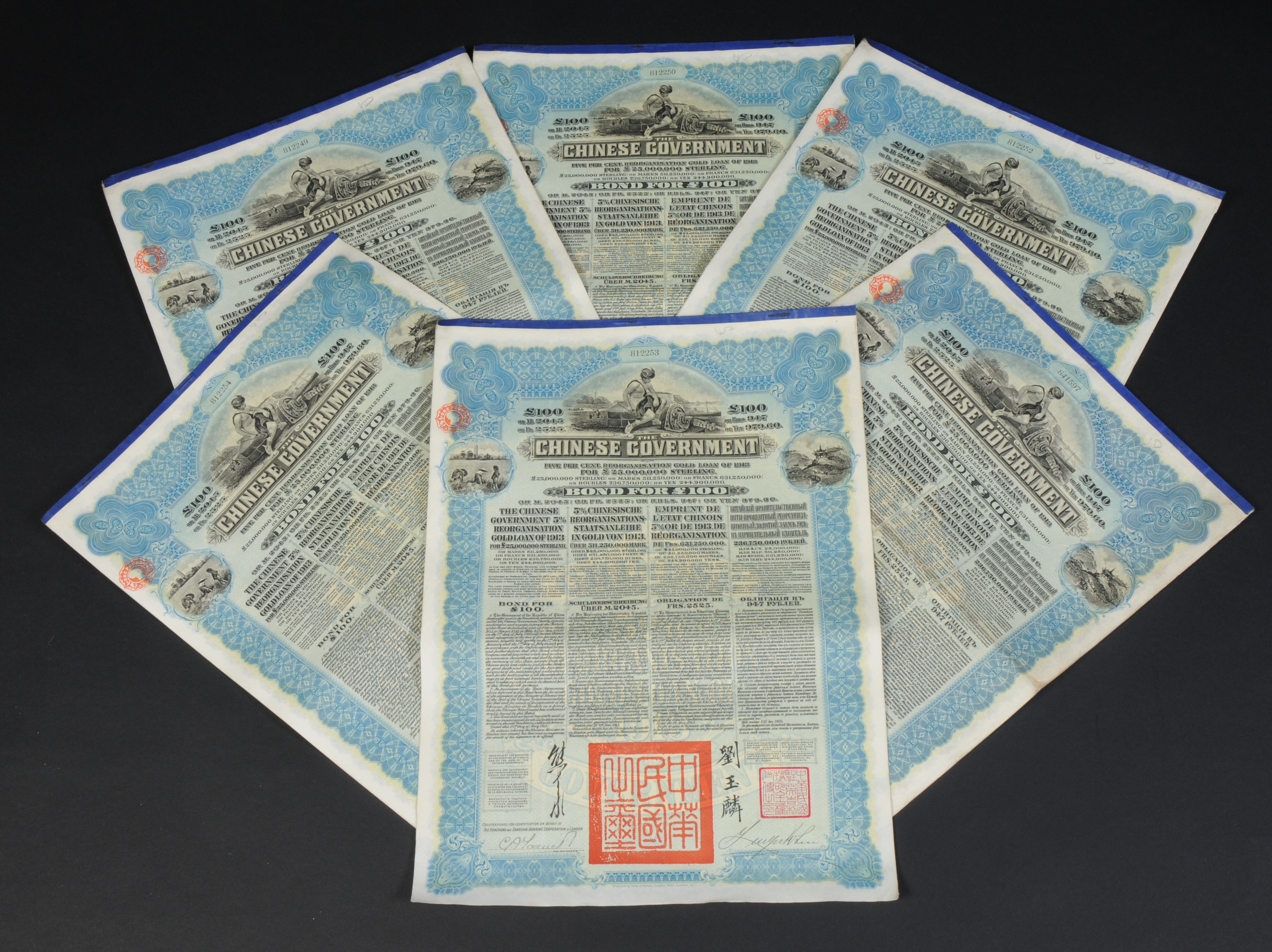 Eight Chinese Government £100 Reorganisation Gold Loan bonds of 1913, blue printed and with red