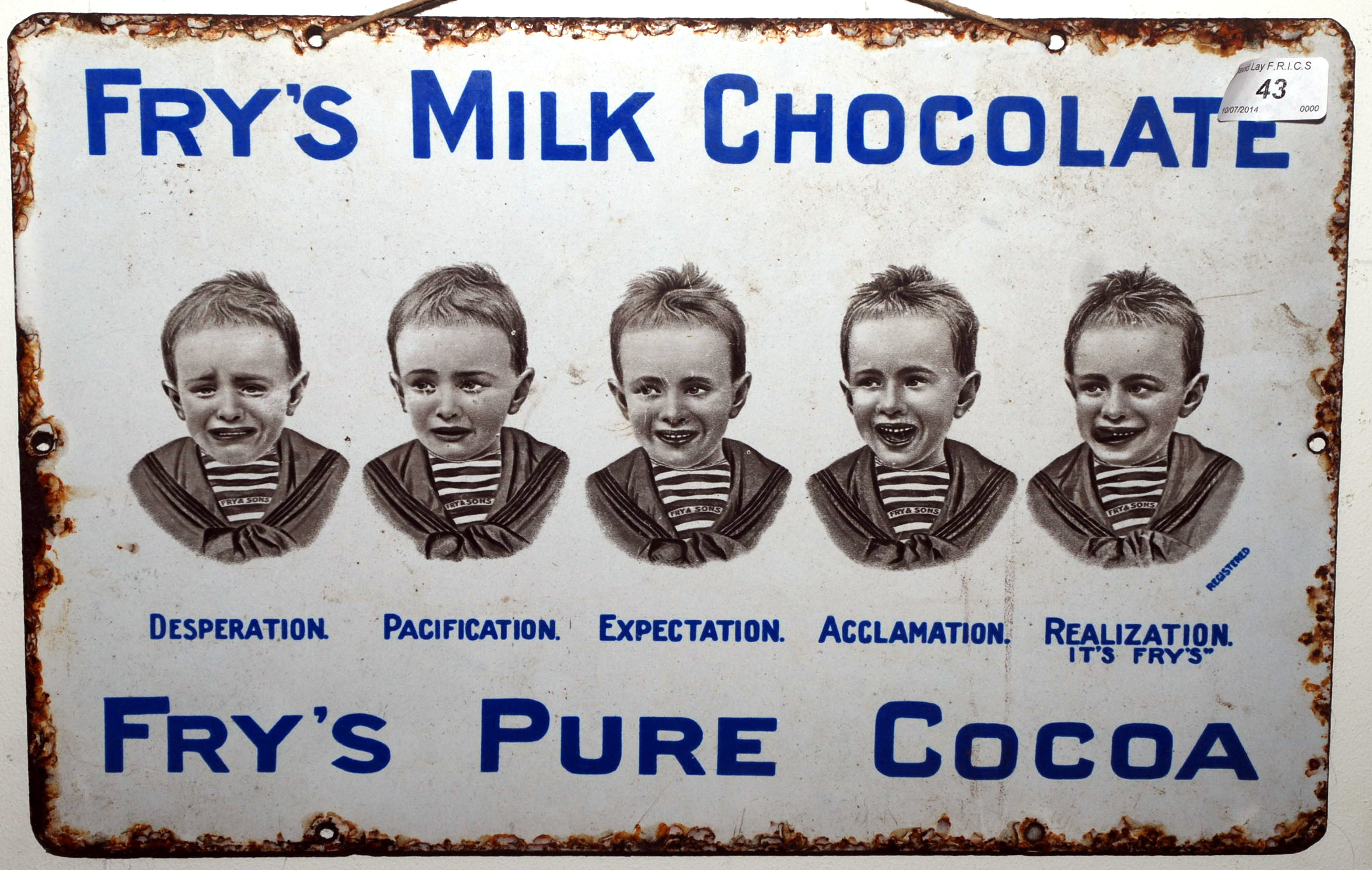A rare Fry's Milk Chocolate enamelled advertising sign showing the famous five boys printed in
