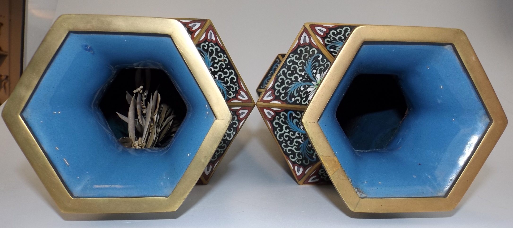 A pair of Chinese Republic hexagonal section cloisonne vases, each gilt and with blue ground - Image 4 of 5