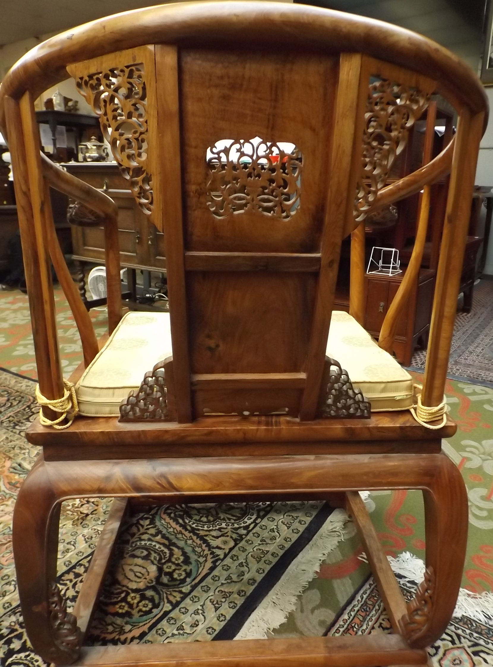 A Chinese Huali wood set of six horseshoe backed armchairs, arms and back panels mounted with - Image 3 of 5