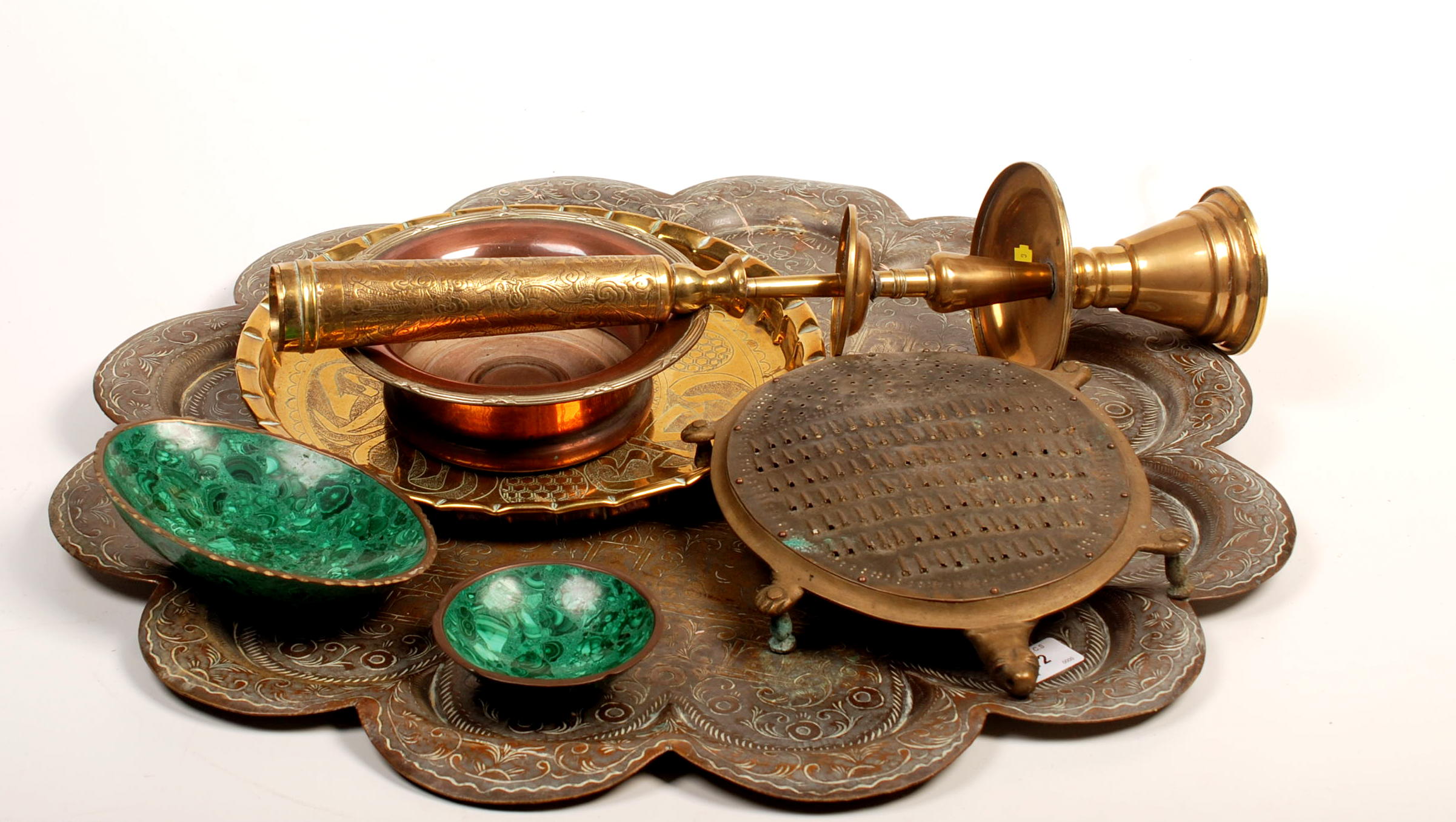 Two brass trays, a coconut grater etc.