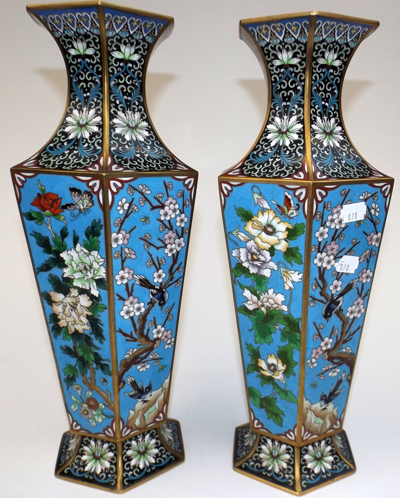 A pair of Chinese Republic hexagonal section cloisonne vases, each gilt and with blue ground - Image 3 of 5