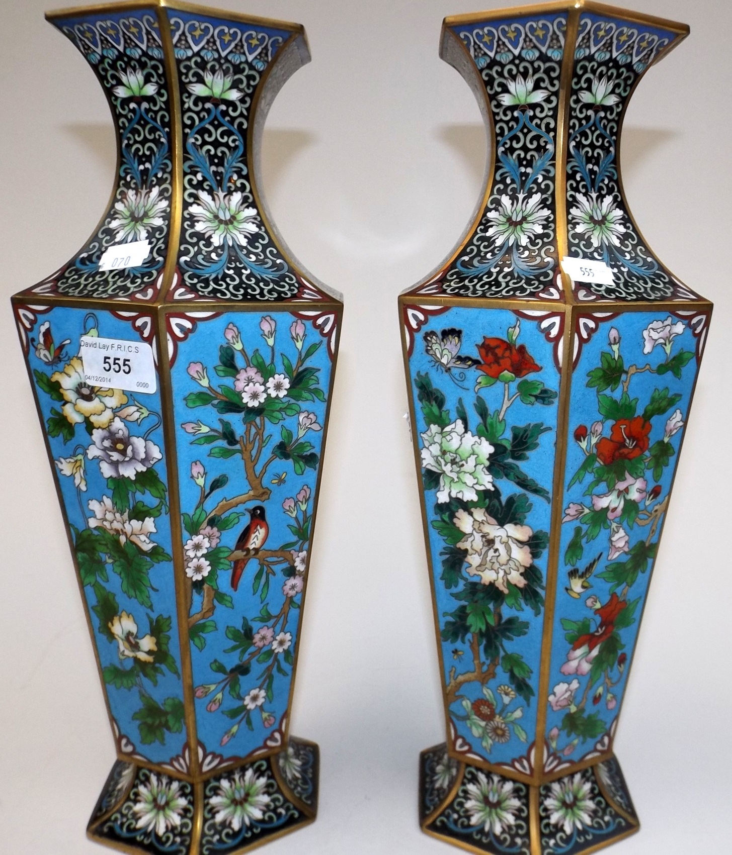 A pair of Chinese Republic hexagonal section cloisonne vases, each gilt and with blue ground - Image 2 of 5