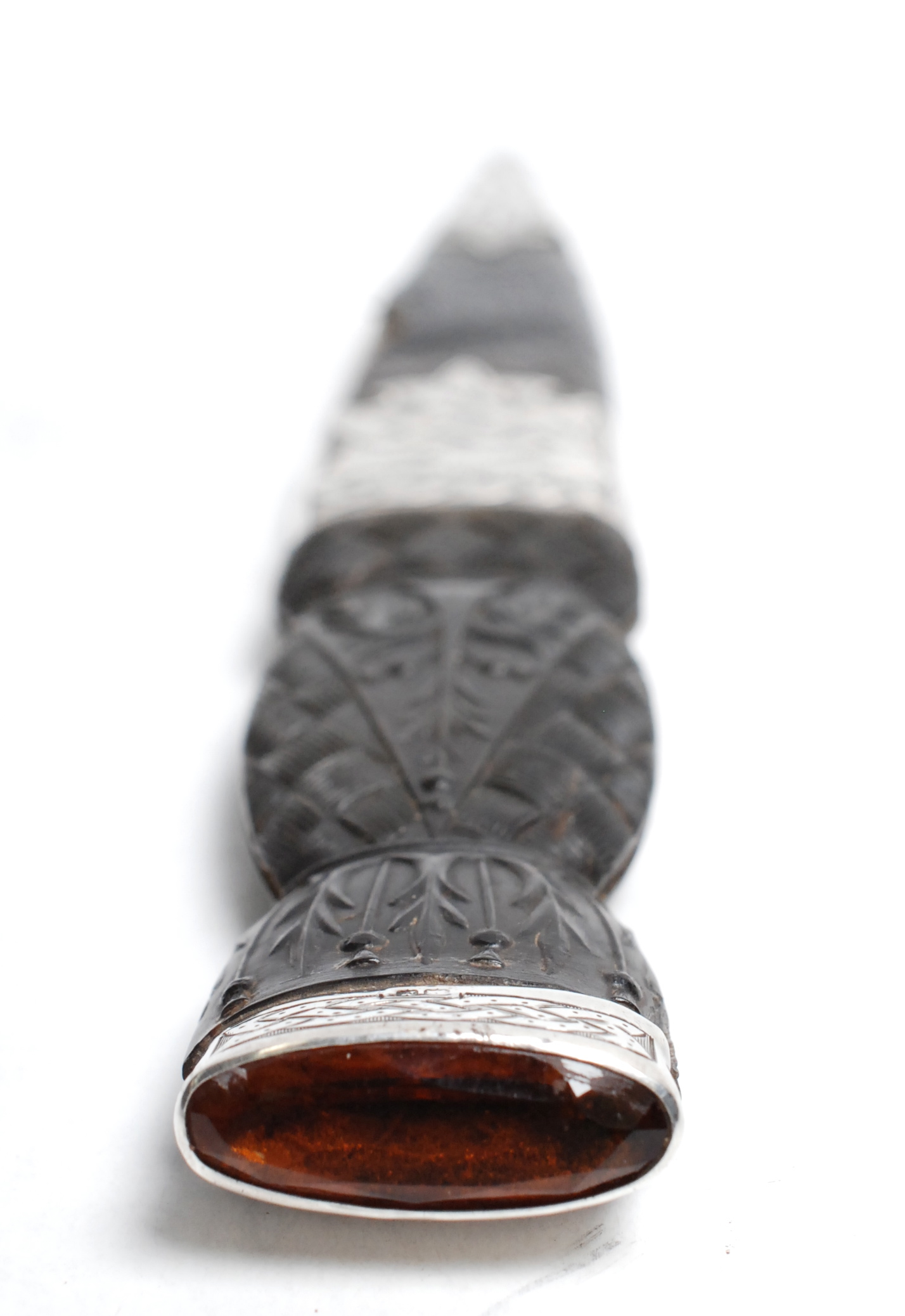 A Scottish small silver mounted knife with Cairngorm pommel.