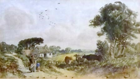 J. PRICE
Country lane
Watercolour
Signed 
18 x 36cm