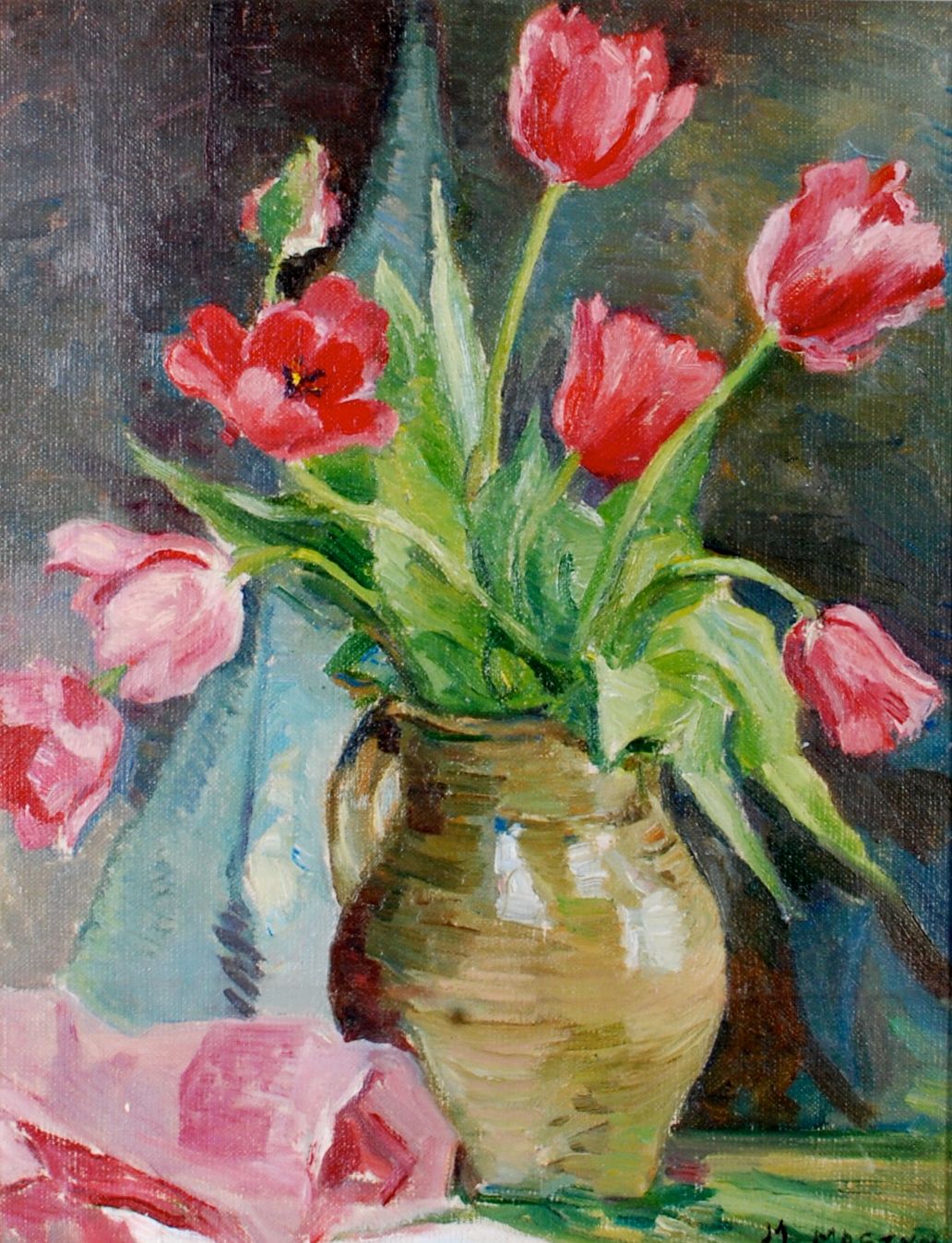 MARJORIE MOSTYN
Pink tulips in an earthenware jug
Oil on canvas
Signed 
45 x 34.5cm