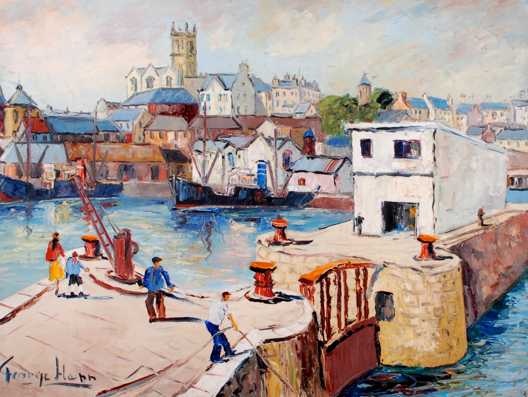 GEORGE HANN
Old docks Penzance
Oil on canvas
Signed 
Inscribed to label on 
the back
44 x 59cm