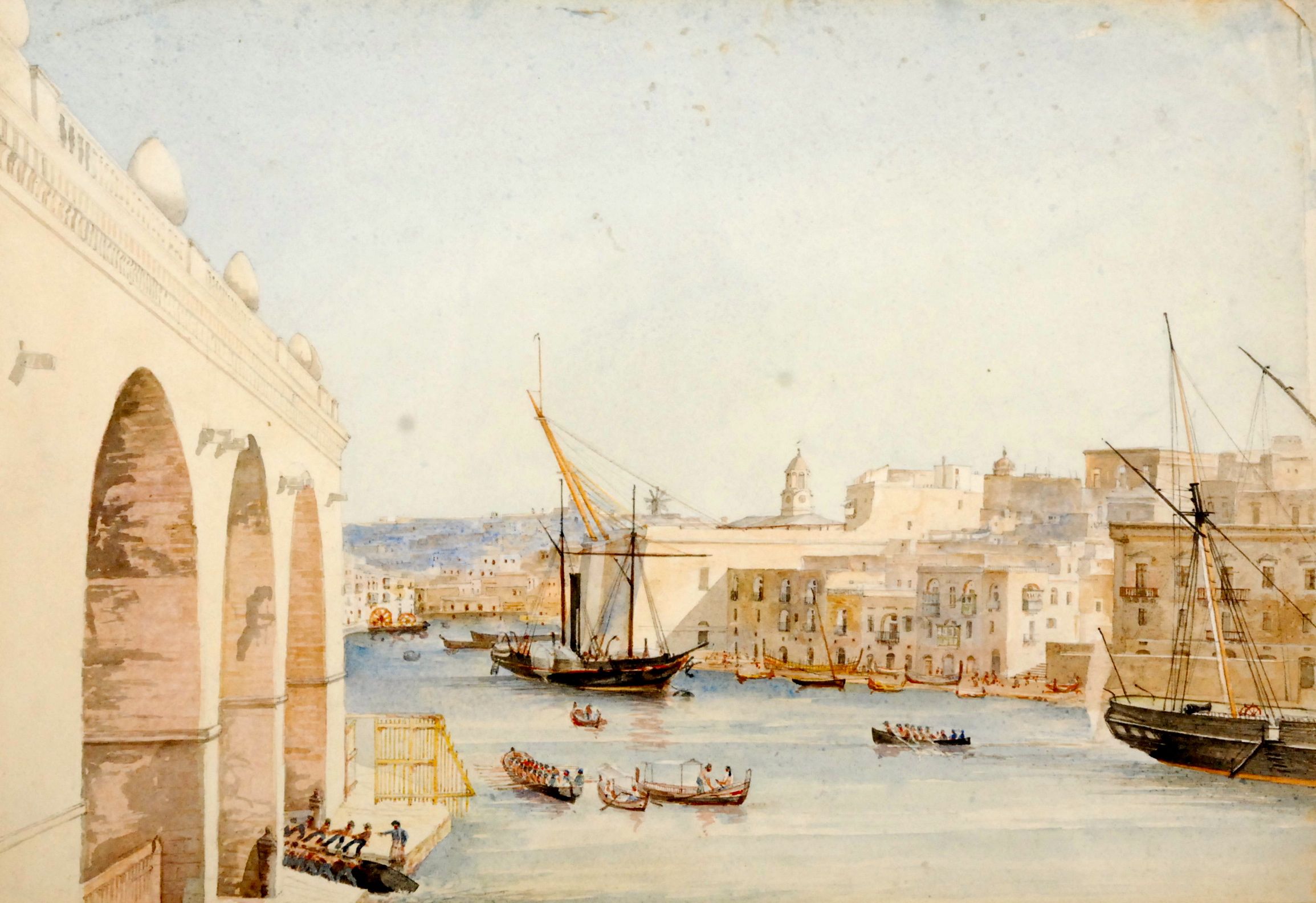 Classical Mediterranean (Malta?) harbour
19th century watercolour
24 x 34.5cm