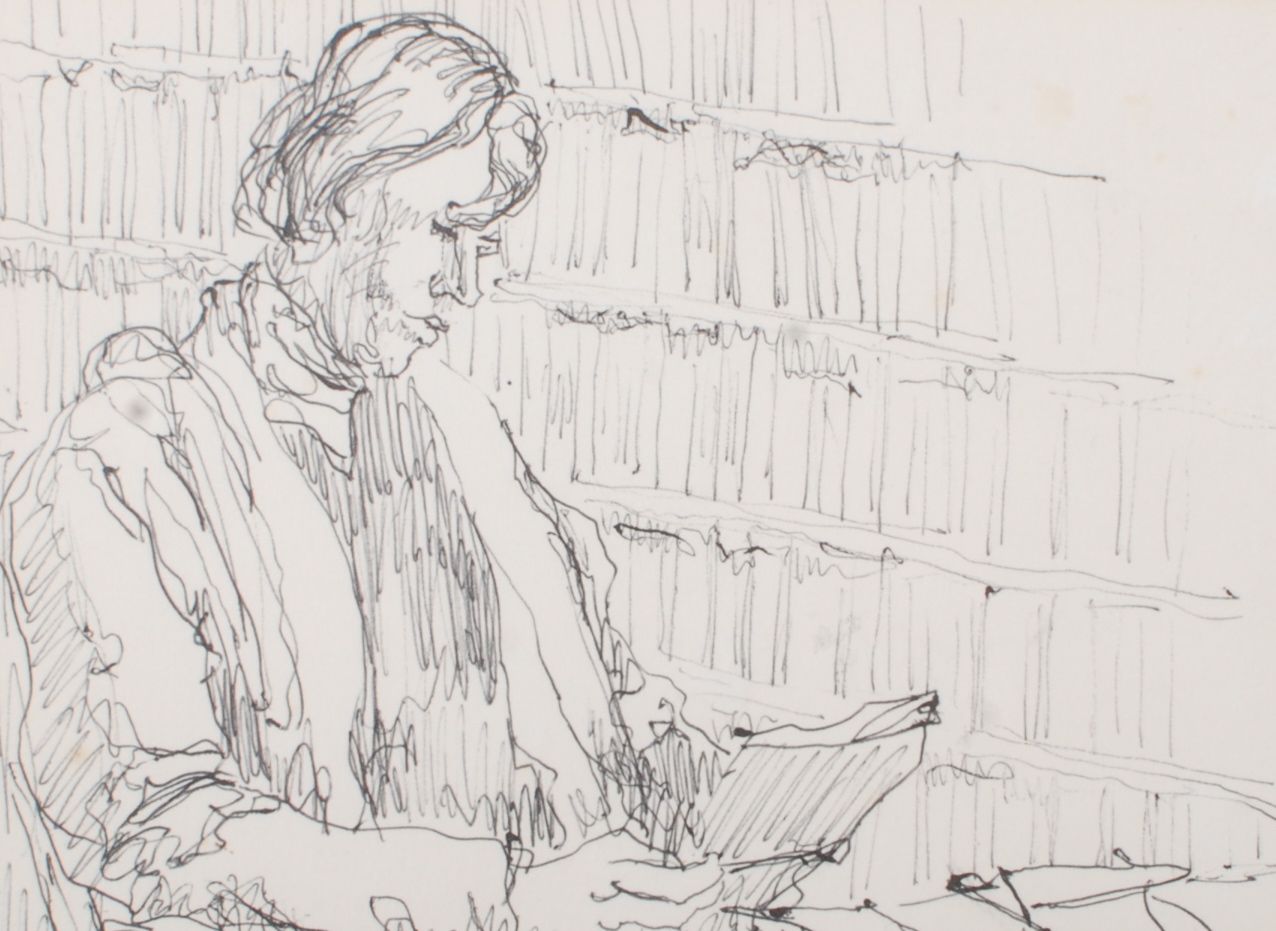 MARJORIE MORT
Study in the Morrab Library Penzance
Ink sketch
Signed inscribed and dated
1972 to the