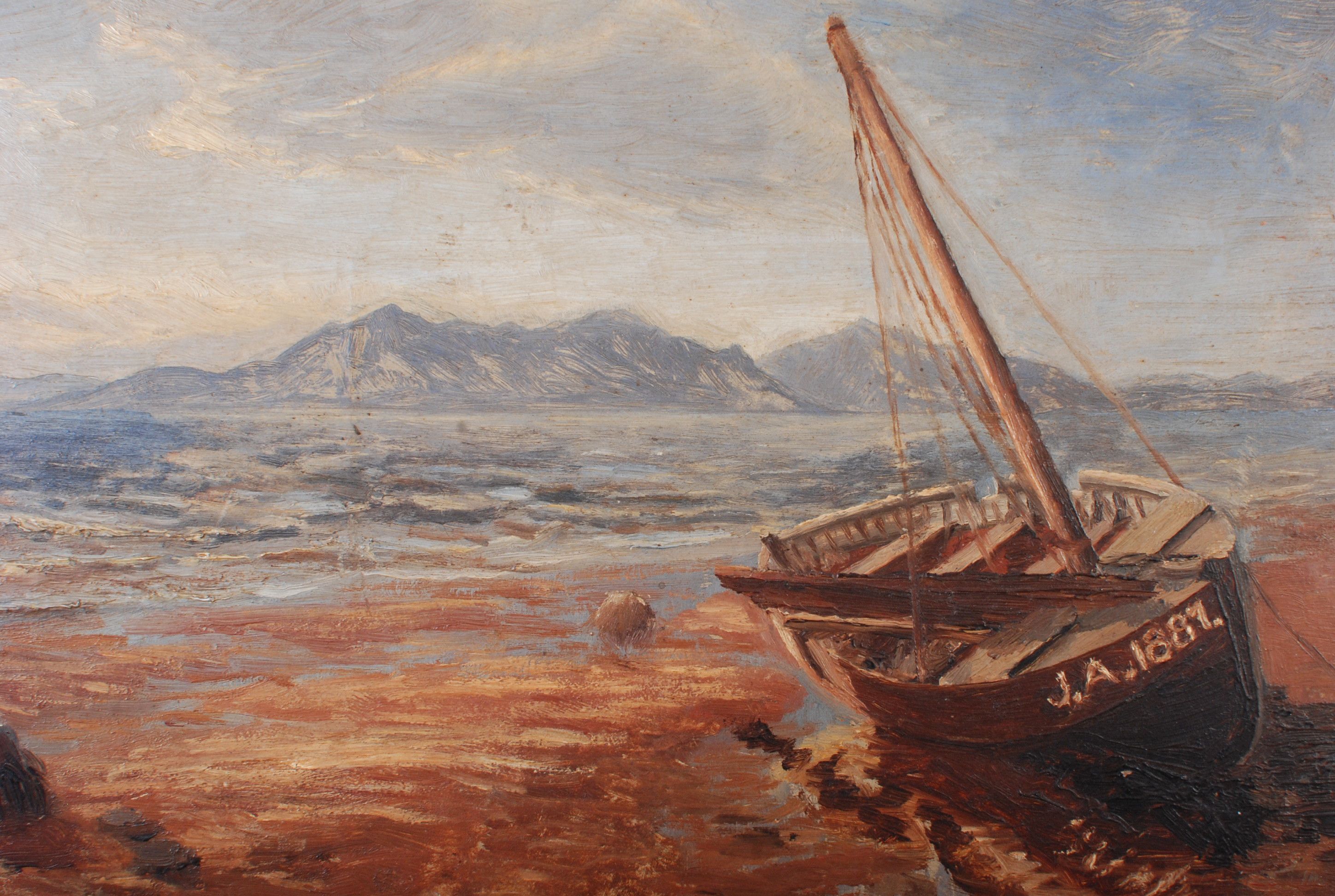 Beached fishing boat
A 19th century 
oil on board
Monogrammed J.A. 
and dated 1887
30 x 45cm