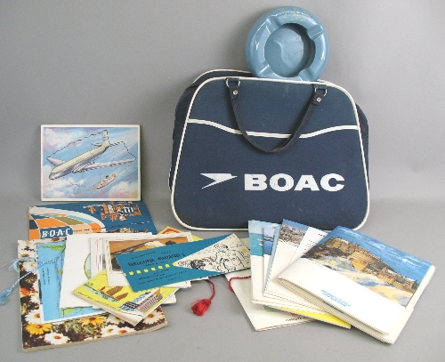 A BOAC flight bag, with ceramic ashtray, wooden jigsaw and map, a quantity of Union Castle Cruises