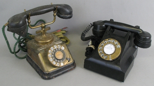 A Danish turn dial telephone, with brass and black painted metal case and cradle style bakelite