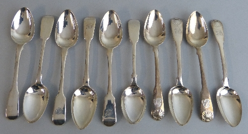 Ten various 19th Century teaspoons, in Fiddle pattern and Fiddle and Shell pattern, monogrammed,