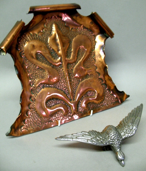 A Desmo car mascot, as a chromium plated flying bird of prey, 18cm wide and an Arts & Crafts style