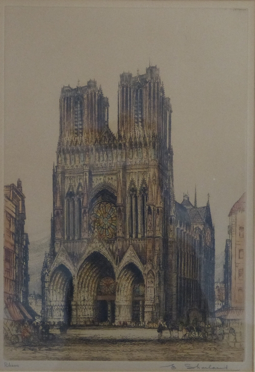 After E W Sharland (early 20th Century), four coloured etchings of a cathedral and three interiors