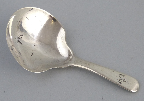 A Georgian caddy spoon, Old English pattern, initialled, with shaped bowl, 8cm long, London marks