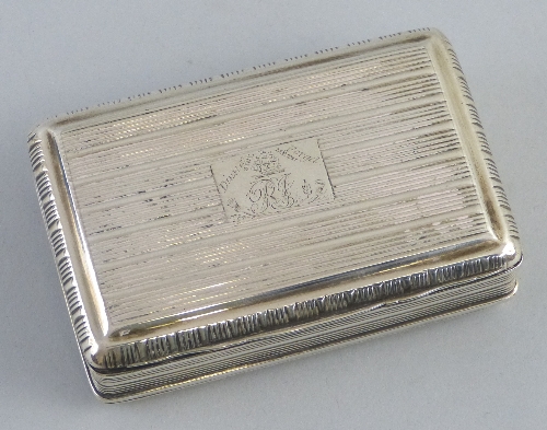 A George III snuff box, of oblong form, the hinged lid with monogrammed and crested cartouche on