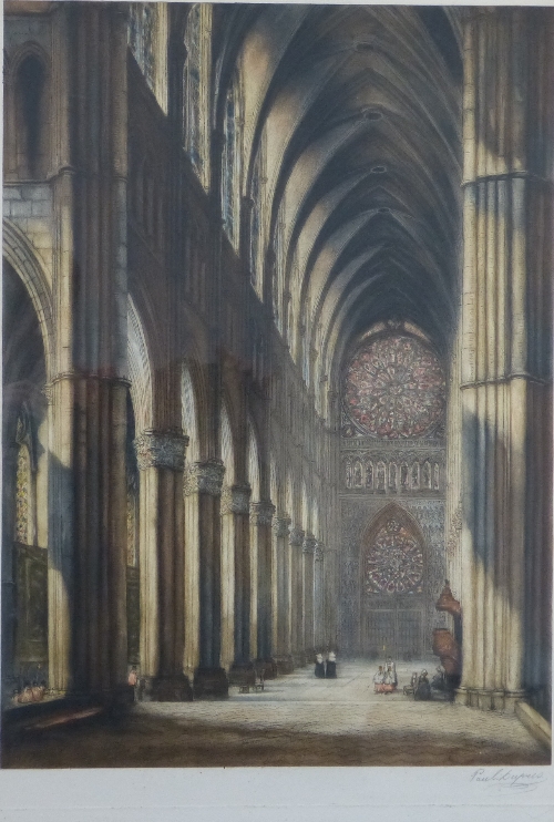 After Paul Dupres (early 20th Century), artist proof coloured etchings of cathedral interiors,
