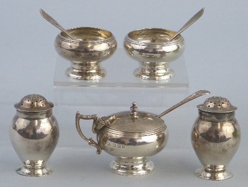 A five piece condiment set, the circular mustard pot with urn finial on slightly domed hinged lid,
