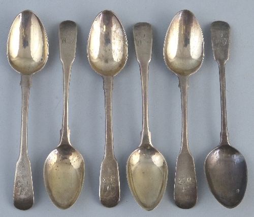 A matched set of six George III teaspoons, Fiddle pattern, monogrammed, London various dates 1807