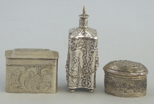 A Dutch trinket box, of oblong form with hinged lid bright cut and chased with scrolls, 4.5cm wide,