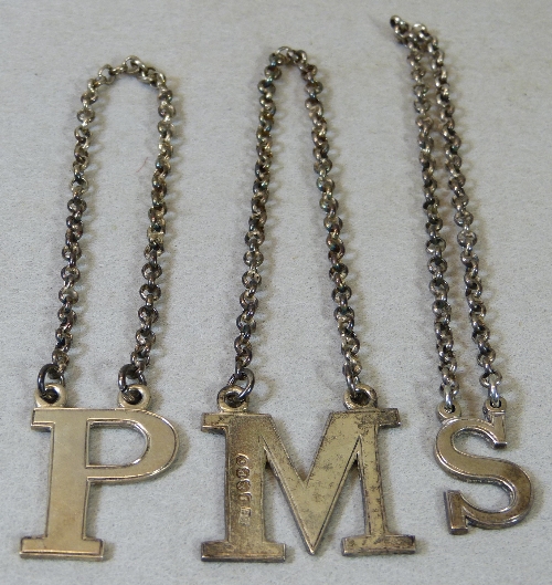 A William IV decanter label, “M”, 3.5cm high with suspension chain, a similar decanter label “P”,