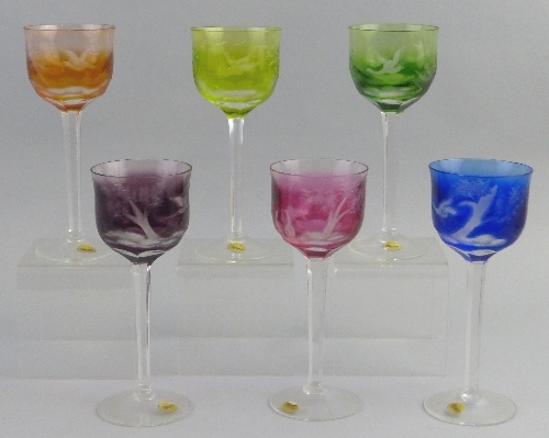 A set of six Moser hock glasses, each with a different shaded colour bowl on faceted clear glass