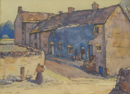 Fred Lawson (1888-1968), row of cottages with a figure standing by an outbuilding in the foreground,