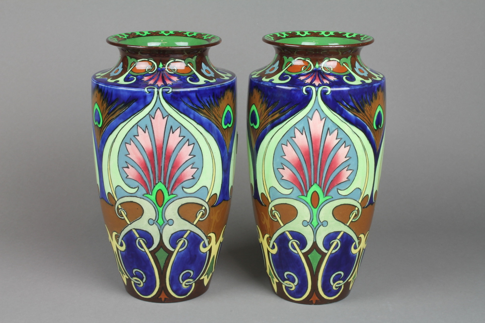 A pair of Shelley Intarsio oviform vases, the geometric decoration with stylised peacock feathers