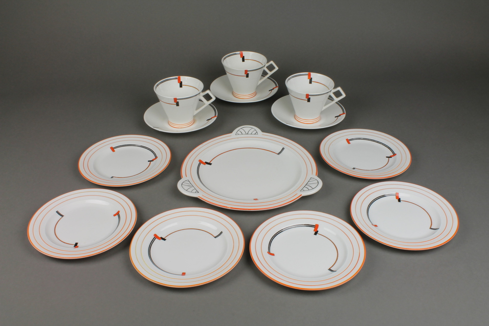 An Art Deco Foley china Ledo pattern tea set comprising 2 tea cups, 3 saucers, 6 side plates and a