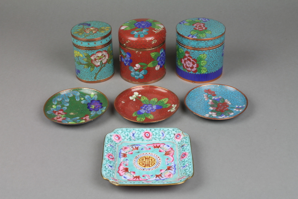 3 cylindrical Chinese cloisonne enamel jar and covers 3"", a square ditto pin tray 4 1/2"", 3