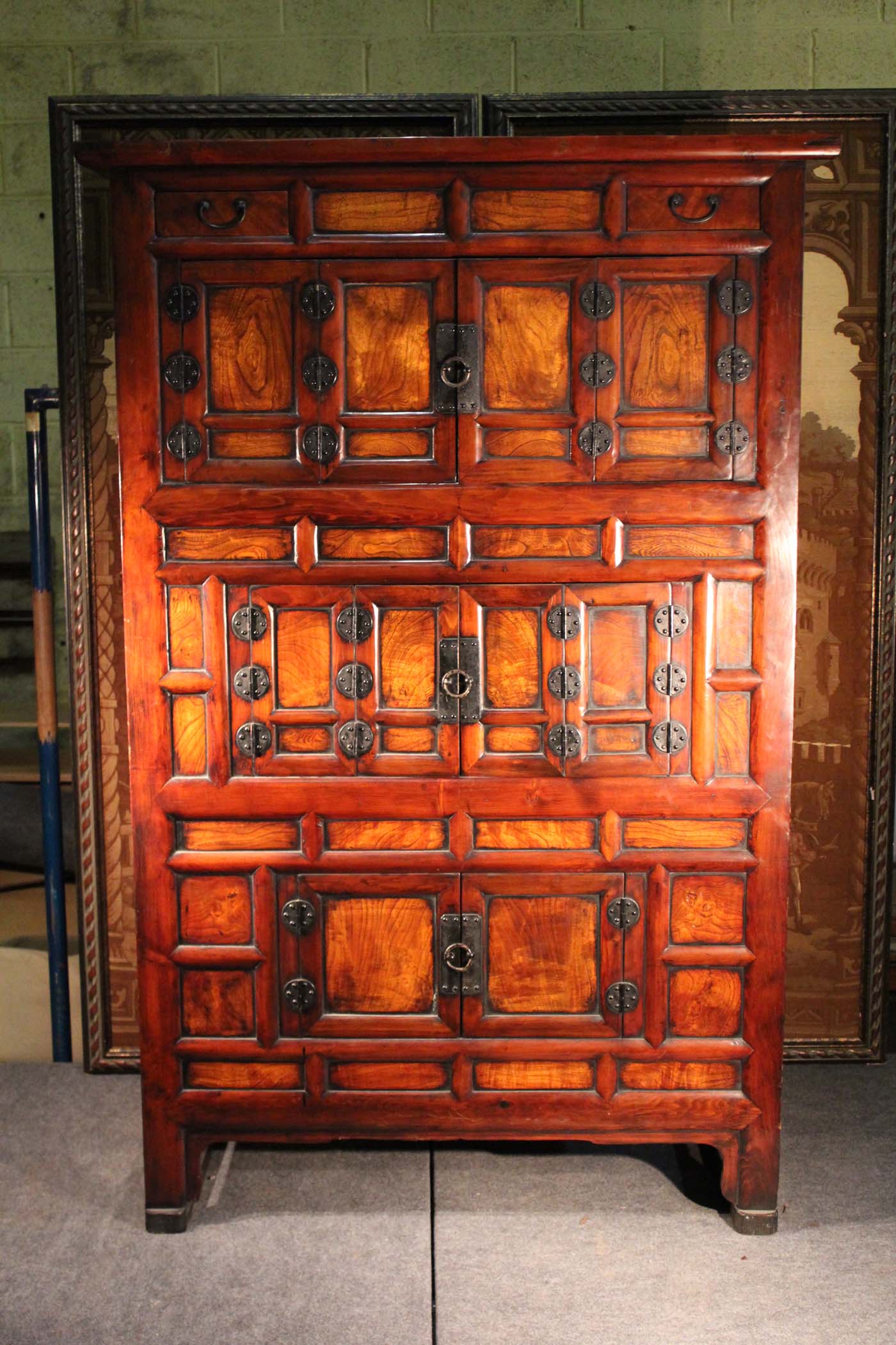 A STAINED WOOD COLLECTORS CABINET, ORIENTAL, with various cupboard compartments, 114cm x 173cm x
