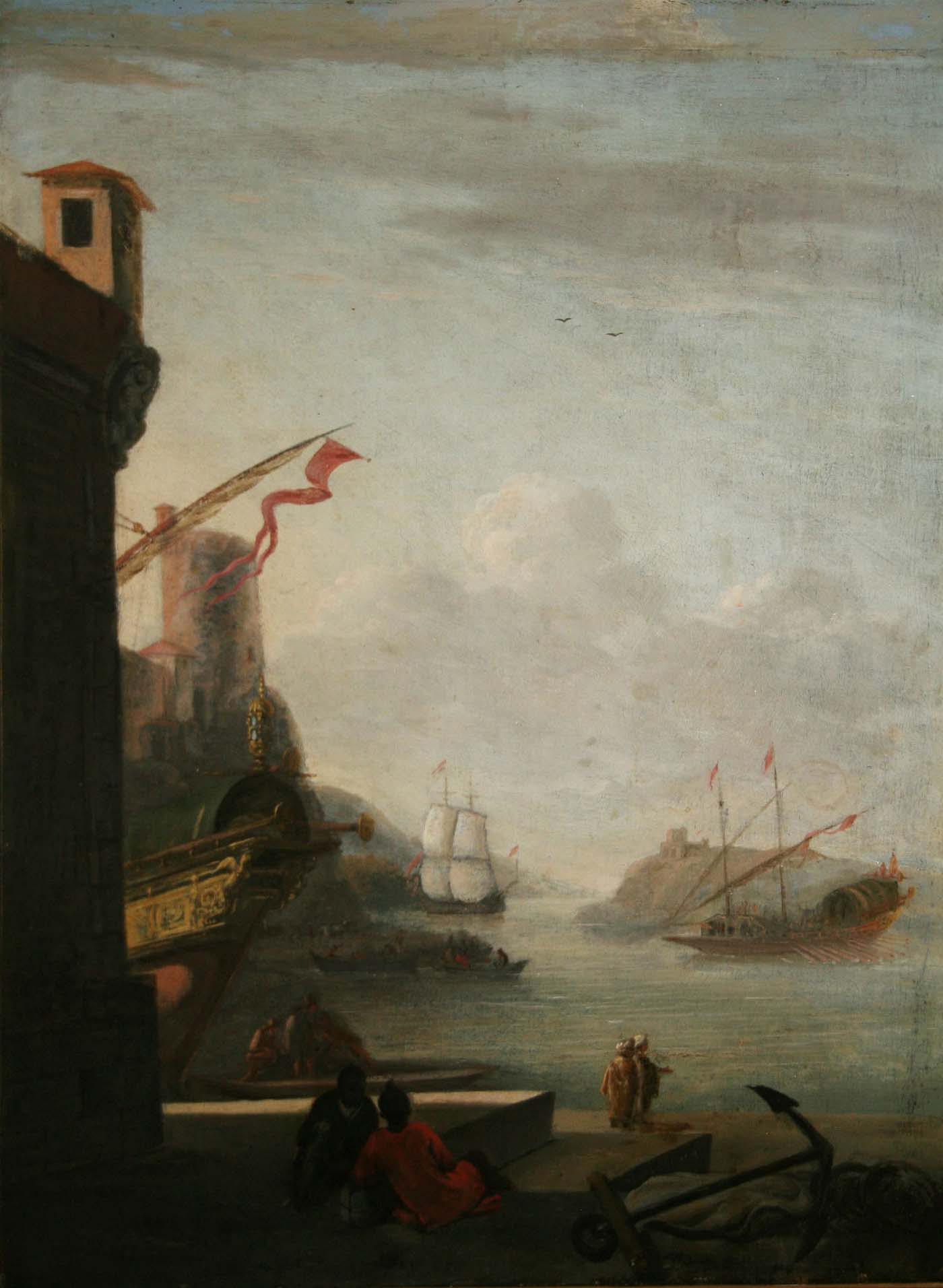Follower of Johannes Lingelbach
A MEDITERRANEAN HARBOUR SCENE WITH TWO CHILDREN SITTING ON THE