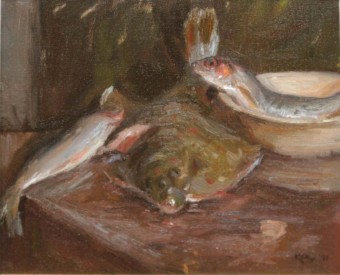 Paul Kelly b.1968
STILL LIFE WITH FISH
Oil on canvas, 10" x 12" (25.5 x 30.5cm), signed and dated