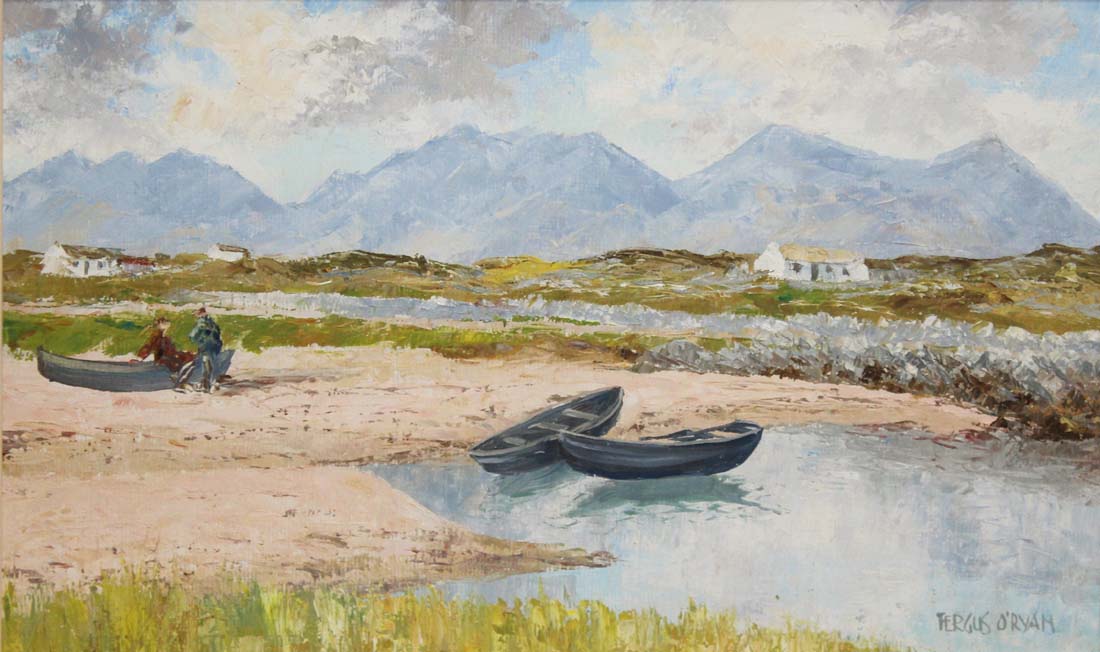 Fergus O'Ryan RHA, 1911-1989
CURRACHS, ACHILL ISLAND
Oil on board11'' x 17 1/2 (28cm x 44cm),