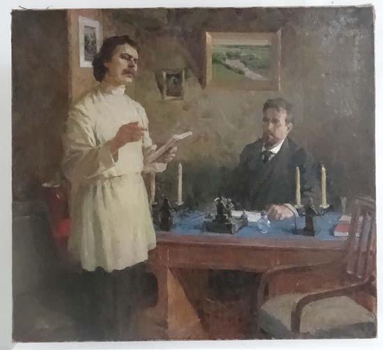 Dmitri Ivanovitch Shmelev  (1918-1992) 
Russian School, 
Oil on canvas 
" M. Gorky and A. Tchekhov "