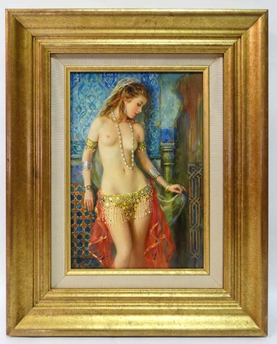 Konstantin Razumov (b.1974) Russian School
"Odalisque" 
Oil on canvas, 
Signed lower left 
13 3/4