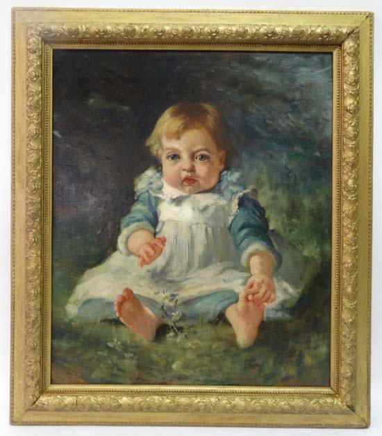 M. Rossi XIX-XX
Oil on canvas
Portrait of a baby sat upon a daisy lawn 
Indistinctly signed and
