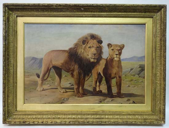 P.T. Tax XIX Danish
Oil on canvas O/C
Lion  and lioness,( big game ) in African landscape
Signed