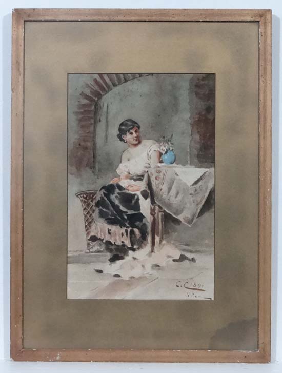 'CC 1891'
19thC French school 
Watercolour
Scene of a seated girl beside a table with flowers