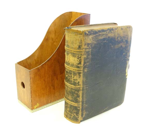 Book : ' The Holy Bible ' . Leather bound with brass clasp . Gilding to inner edge . Published by