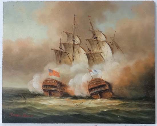 James Hardy XX Marine School
Oil on board
A sea battle with cannons firing etc.
Signed lower left