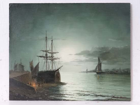 James Hardy XX Marine School
Oil on board
A harbour scene with boats and fisherfolk by moonlight