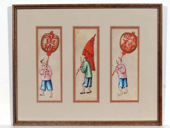 C. 1900 Japanese School
Tryptic on rice paper
Two figures holding banners flanking a figure