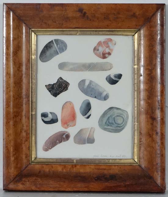 A Birdseye Maple framed French watercolour of sea shore stones as given for Christmas 1980. Image