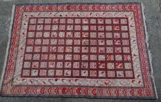 Textile : Large Turkish embroidery, 13 rows of 8 of stylised chickens in a grid layout, 4 guard