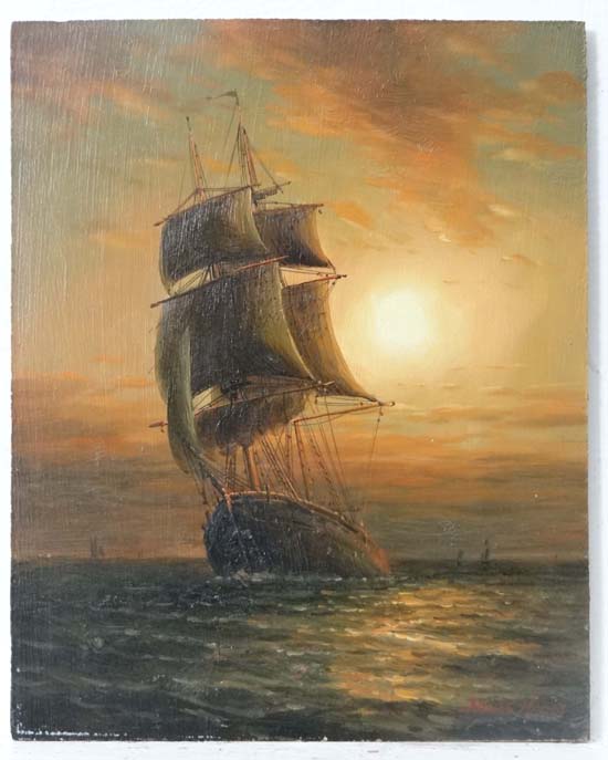 James Hardy XX Marine School
Oil on board
A merchant ship sailing at dusk
Signed lower right
10 x 8"