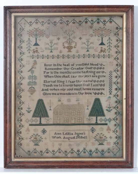 Sampler : ' Ann Letita Jones's work August 21st 1845 ' includes house , parrot , collared dogs ,