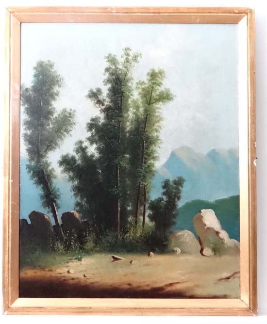 Italian School
Oil on canvas
Trees within a rocky landscape
24 3/4 x 20"   CONDITION:  Please Note -