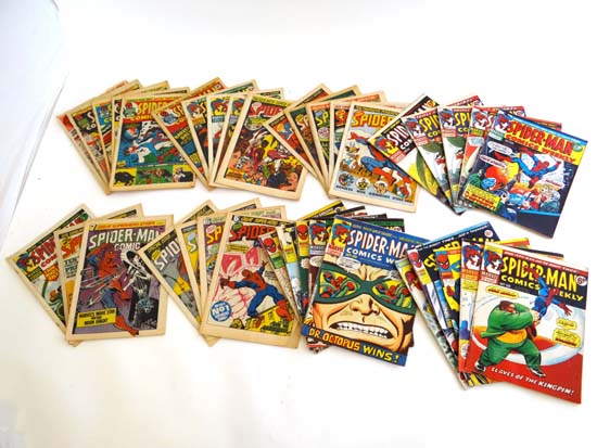 Comics: A run of 37 volumes of “ Spiderman Comics Weekly ” between 1973 and 1979. Paperback.